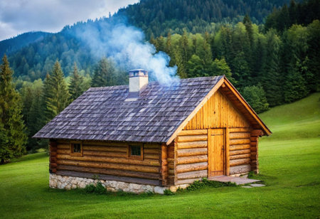 A cozy wooden cabin amid lush greenery invites travelers to relax and reconnect with nature.の素材