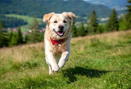 A cheerful golden retriever happily bounds across vibrant grasslands under a clear blue sky.の素材