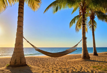 A hammock sways between palm trees as the sun sets over calm waters.の素材