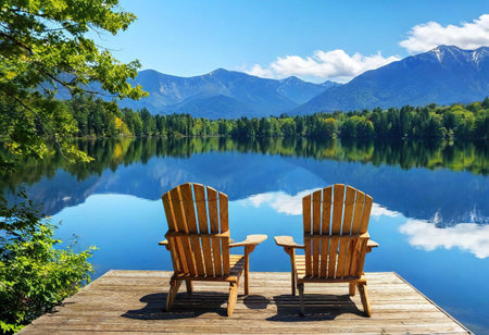 Two wooden chairs await visitors on a dock by a peaceful lake surrounded by mountains.の素材