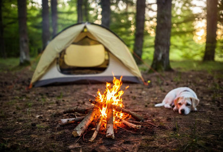 A perfect evening unfolds in the forest with a warm campfire and a dog resting peacefully nearby.の素材