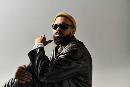 Stylish, charismatic individual seated against a neutral backdrop, showcasing his fashion.