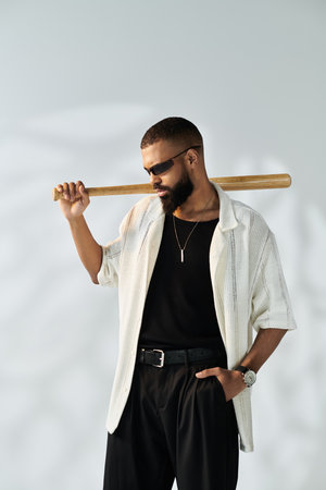 A handsome young man showcases his fashion sense while confidently holding a baseball bat.のeditorial素材
