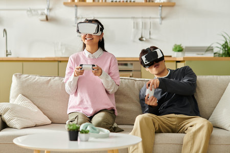 A couple enjoys virtual reality gaming together on the sofa, relaxing and having fun.