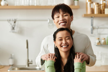 A vibrant young couple smiles while sharing breakfast at their cozy home kitchen.の写真素材