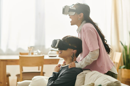 A young couple shares laughter while immersed in virtual reality, exploring new adventures.