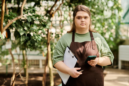 Young woman with Down syndrome confidently shines in a vibrant greenhouse.