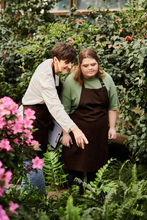 A mature woman mentors a young colleague with Down syndrome in a lively greenhouse.の写真素材