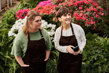 In a bright greenhouse, a mature woman mentors a young colleague with Down syndrome among flowers.の写真素材