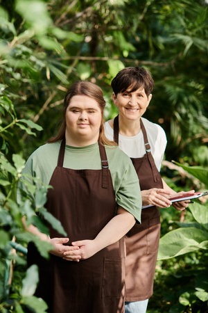 A mature woman and her young colleague with Down syndrome collaborate and learn in a greenhouse.