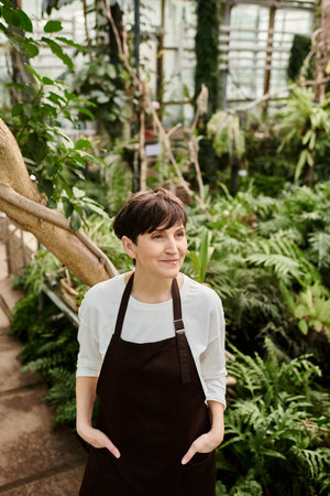 Confident woman with short hair expertly tending to plants in a flourishing greenhouse settingのeditorial素材