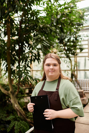 A confident young woman with Down syndrome happily works in a vibrant greenhouse.