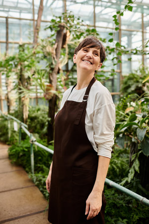 A confident woman in a greenhouse happily cares for vibrant plants amidst stunning greenery.の写真素材