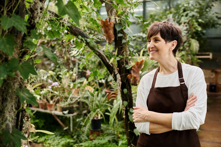 Confident woman interacts with flourishing plants while working diligently in the greenhouse.のeditorial素材