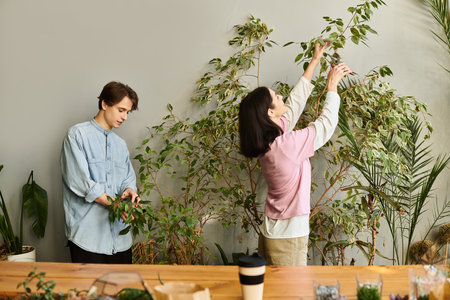 Young couple create art while caring for plants in a vibrant studio setting.