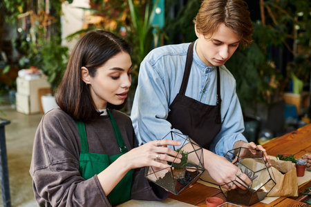 Creative couple create lush, intricate terrariums brimming with imaginative greenery.のeditorial素材