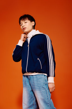 Handsome young man in a trendy outfit stands confidently against a striking orange wall.