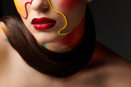 A stunning young woman displays vibrant face art, radiating confidence and style.