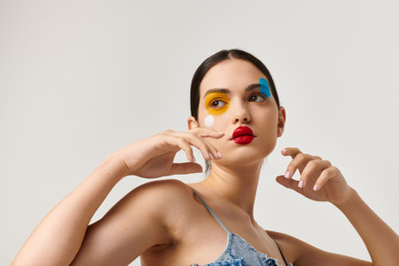 A young woman shows off her vibrant face art, blending creativity and style in a calm space.