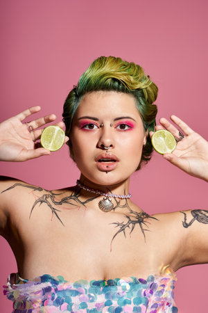 A confident young woman holds lime slices by her ears, showcasing her creativity and style.のeditorial素材