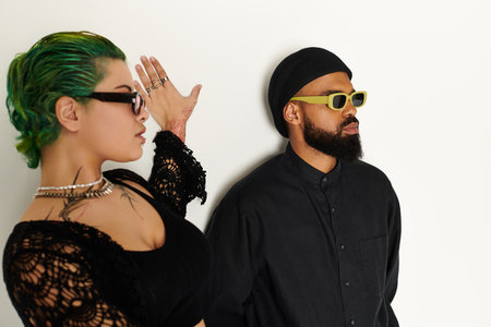 A fashionable couple poses with confidence, showcasing vibrant sunglasses and stylish outfits.のeditorial素材