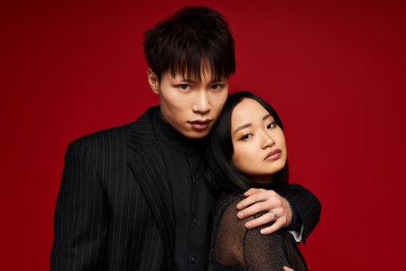 A fashionable couple shares an intimate moment against a striking red backdrop, radiating romance.のeditorial素材