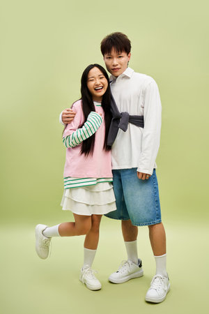 A cheerful couple stands close together, radiating love and joy while sporting trendy outfits.のeditorial素材
