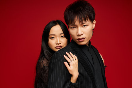 A fashionable couple stands closely together, showcasing deep affection in a striking setting.のeditorial素材