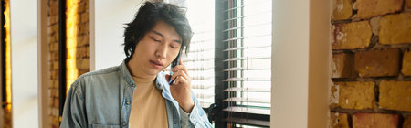 A young adult in a denim shirt talks on the phone by a sunlit window.のeditorial素材