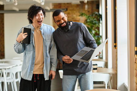 Two coworkers chat lively while reviewing documents and a laptop in a modern setting.のeditorial素材