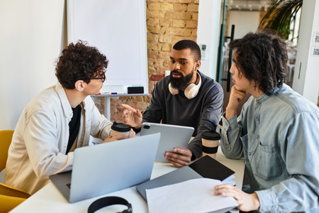 Three professionals discuss ideas in a collaborative workspace with tech tools.のeditorial素材