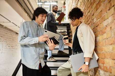 Two coworkers discuss ideas with digital devices, while another person observes from the stairs.の写真素材