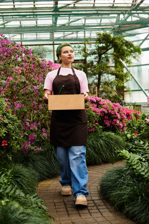 A young woman works in a vibrant greenhouse, carrying materials amidst blooming flowers.の写真素材