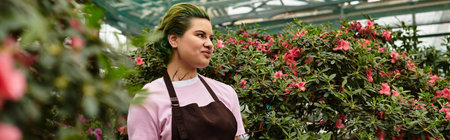 A young woman tends to vibrant flowers in a lush greenhouse.のeditorial素材