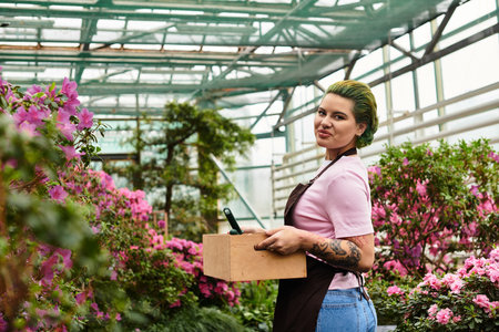 A young woman joyfully tends to vibrant flowers in a greenhouse.のeditorial素材
