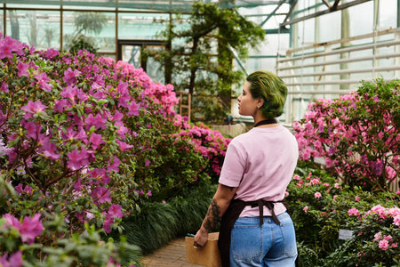 A dedicated young woman works among blooming azaleas in a bright and lively greenhouse.のeditorial素材