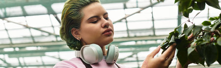 In a vibrant greenhouse, a young woman carefully examines green leaves while listening to music.のeditorial素材