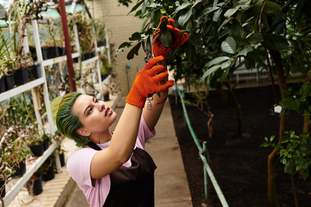 Focused young woman works in a greenhouse, carefully pruning green plants with orange gloves.のeditorial素材