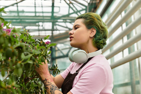 In a vibrant greenhouse, a young woman nurtures blooming flowers while wearing headphones.のeditorial素材