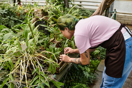 A young woman nurtures thriving plants in a vibrant greenhouse, showcasing her gardening passion.のeditorial素材