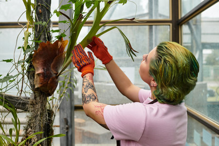 In a bright greenhouse, a young woman in gloves tends to lush greenery, nurturing plants with care.のeditorial素材