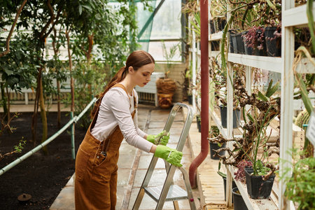 Young woman caring for plants in a serene greenhouse, embracing natures beauty.の写真素材