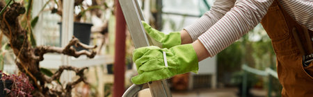 A young woman in green gloves supports a ladder amidst vibrant plants and greenery.の写真素材