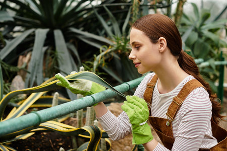 A young woman prunes plants, enjoying the serene atmosphere of a greenhouse.の写真素材
