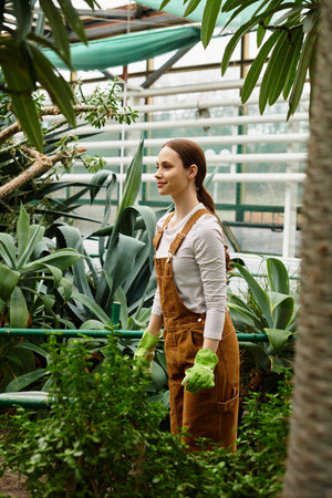 Beautiful young woman nurturing plants in a thriving greenhouse, surrounded by vibrant foliage.の写真素材