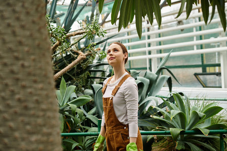 A young woman in gardening gloves admires vibrant plants in a peaceful greenhouse.の写真素材