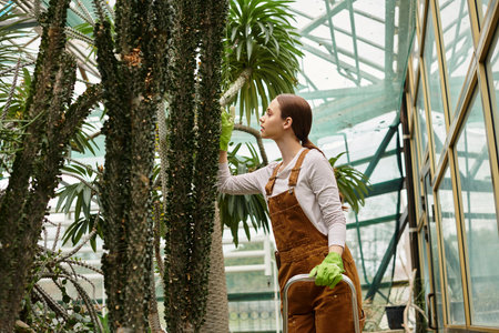 Sunlight streams through glass as a woman nurtures vibrant plants in a greenhouse.の写真素材