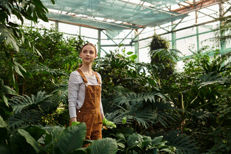 Bright green foliage surrounds a young woman as she enjoys her time in the greenhouse.の写真素材