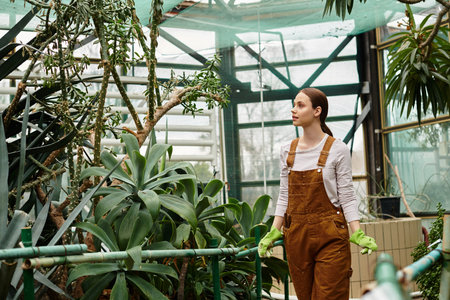 A young woman curiously admires flourishing plants while exploring a warm greenhouse.の写真素材