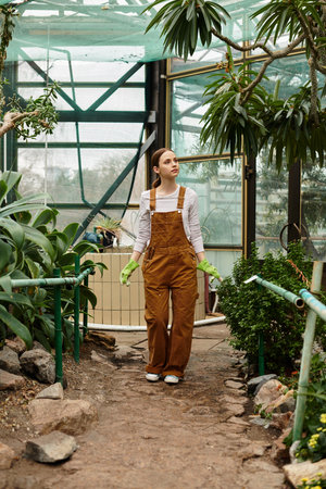 A young beautiful woman enjoys her time nurturing plants in a vibrant greenhouse atmosphere.